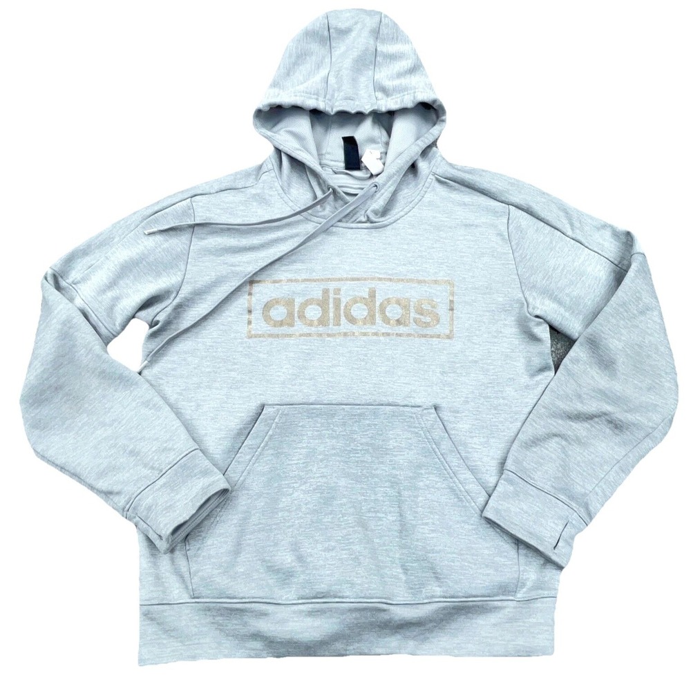 Adidas Hoodie Women Medium Gray Gold Sweatshirt Sweater Spell Out Logo Ladies *